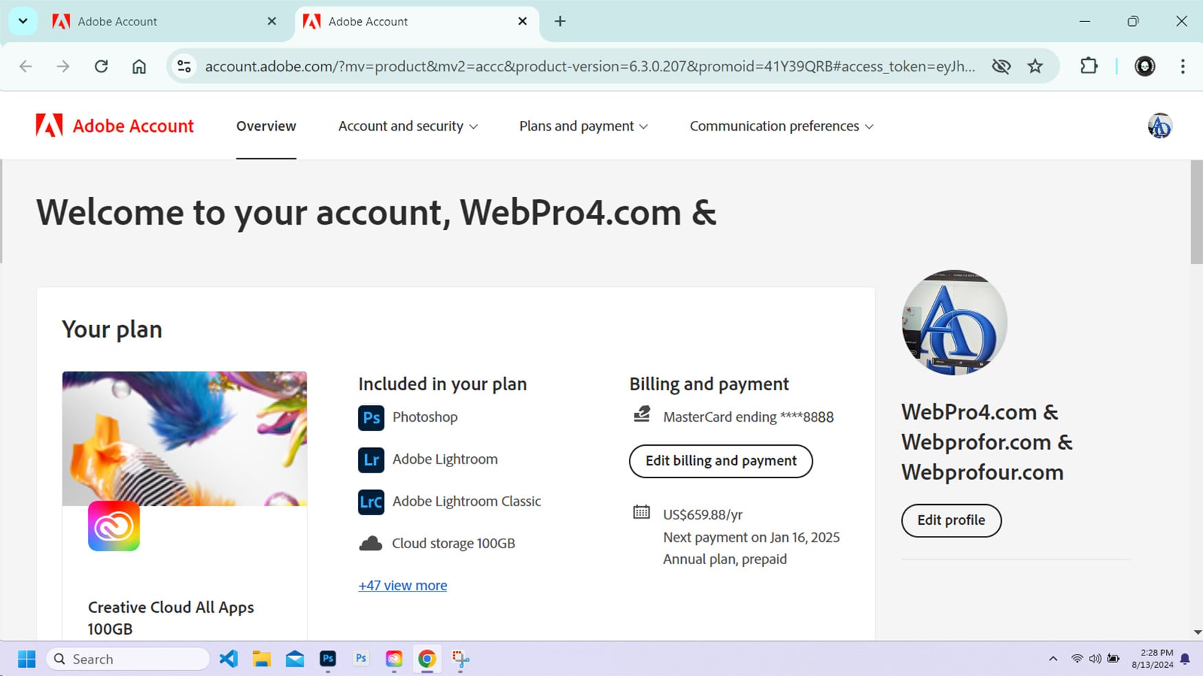 screenshot of Webpro4 Adobe Creative Cloud All App Membership for 2024